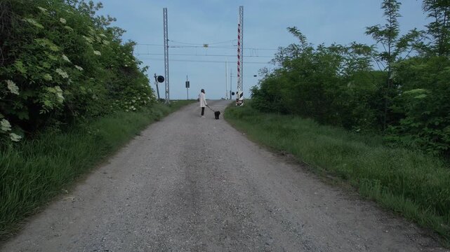 Woman with dog standing on gravel road at railway level crossing in rural countryside, with barrier gates, signal posts and vegetation along track approach, push in