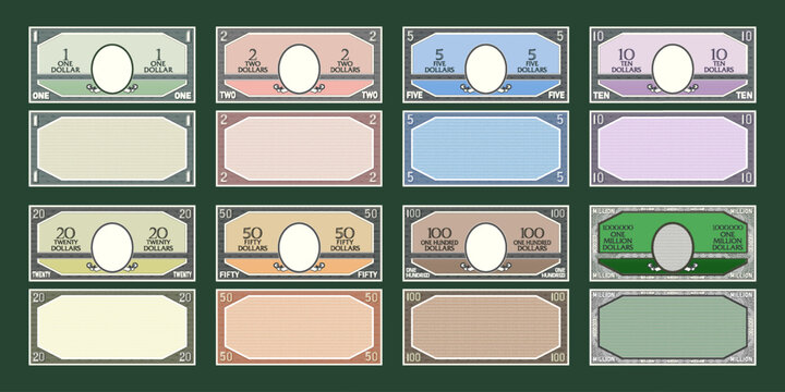Vector set of gaming retro banknotes. Denomination, one, two, five, ten, twenty, fifty, hundred and million dollars. Samples of obverse and reverse bills game, empty oval. Template notes. Frame grid