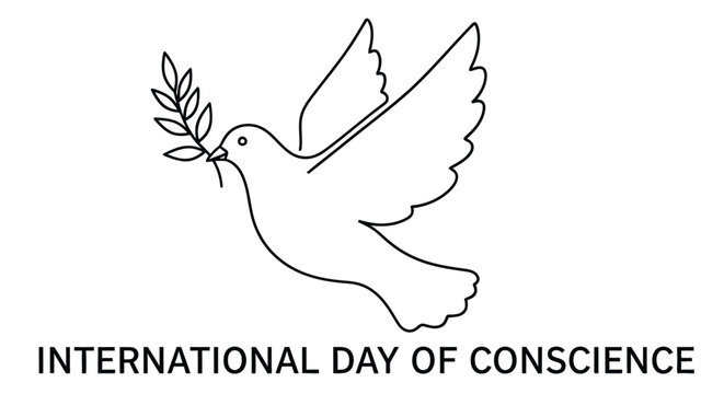 A white dove carrying an olive branch with text reading international day of conscience