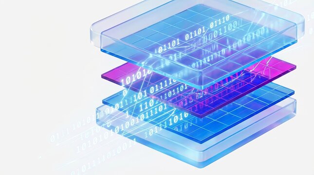 Grid panels display sequences of binary numbers in this conceptual rendering of digital information.