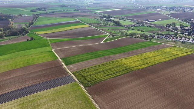 Aerial view of varied agricultural fields displaying contrasting textures and colors, creating a patchwork landscape, Wintzenheim-Kochersberg, Grand Est, France.
