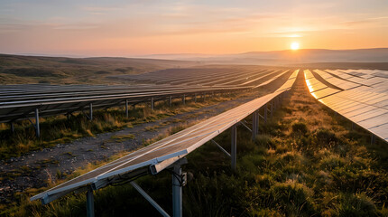 Obraz premium Rows Of Solar Panels In A Rural Field At Sunset With Golden Light Reflecting Off Photovoltaic Cells For Green Energy