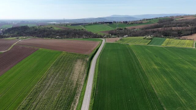 Aerial view of a road cutting through fields of green and brown, creating a patchwork quilt landscape, Wintzenheim-Kochersberg, Grand Est, France.