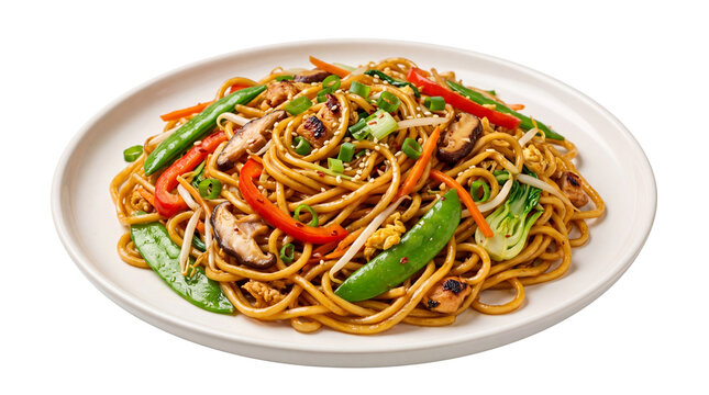 Authentic vegetable chow mein noodles, stir-fried asian lo mein with shiitake mushrooms and snap peas, savory chinese noodle dish on white plate