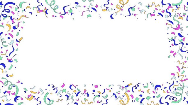 Confetti curling streamers animated frame overlay. Party surprise. Decorative border template animation on transparent. Horizontal 4K video with copy space. Seamless motion graphics with alpha channel