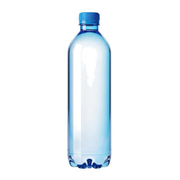 A clear plastic bottle filled with fresh drinking water and topped with a bright blue screw cap