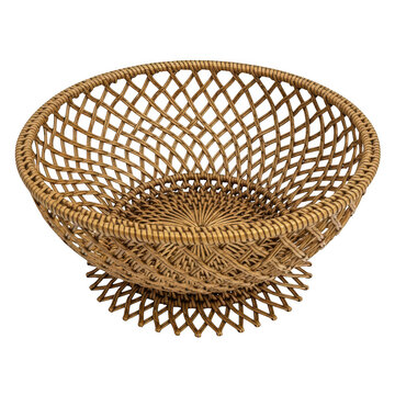 A round decorative woven wicker bowl with a lattice pattern design for holding household items