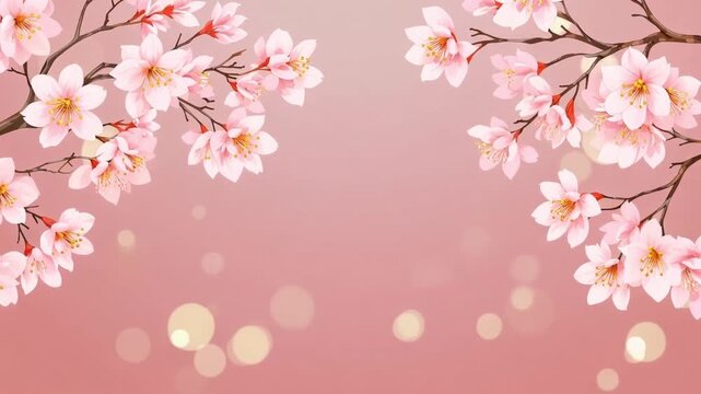 Soft Pastel Spring Background with Cherry Blossom Branches Framing Top Corners for Elegant Presentation