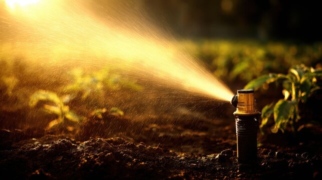 Automated irrigation emitter releasing a golden stream of water onto cultivated ground at sunrise or sunset