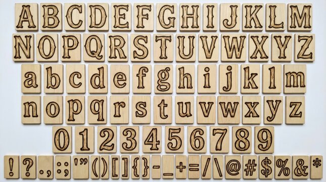 Font alphabet in Woodburn pyrography letters with singed edges grain-following lines and rustic decoration style from A to Z numbers punctuation isolated on white background.