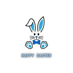 Fototapeta premium Adorable vector illustration of a white Easter bunny with blue accents, wearing a blue bow tie and featuring 