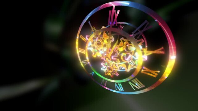 A surreal cosmic clock with rotating gears floats within a glowing galaxy, symbolizing the infinite flow of time, universal motion, and the connection between mechanics and the cosmos.
