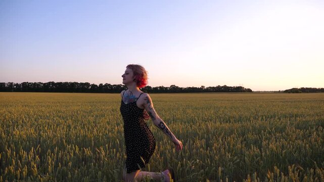 Cheerful punk girl in short black dress fooling around while walks among wheat meadow. Happy female hipster with tattoos having fun during goes through green barley field at sunset. Freedom concept