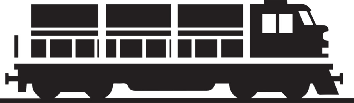 A powerful black silhouette of a freight train engine with multiple cargo containers is shown.