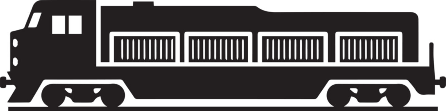 A black silhouette of a modern train engine connected to a series of cargo containers.