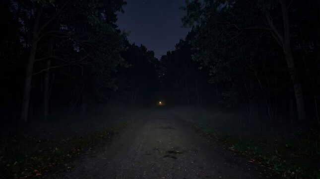 A car drives down a dark forest road at night with headlights on through trees.