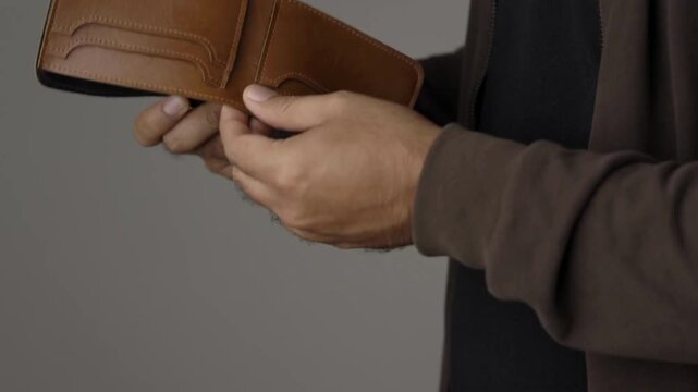 Closeup 4k video of a young businessman shaking her empty wallet without money cash wealth business