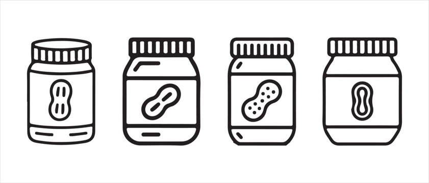 Peanut Butter Jars Flat Design Icons. Collection with Peanut Labels, Simple Outline Graphic Art on White, vector illustration.