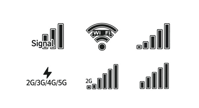 Wireless signal strength icons with wifi and network indicators silhouette