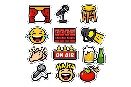 Colorful comedy show icons featuring microphone, stage, and laughter symbols.