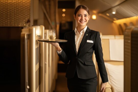 Smiling flight attendant in uniform serving a drink on a tray in a luxury airplane cabin.