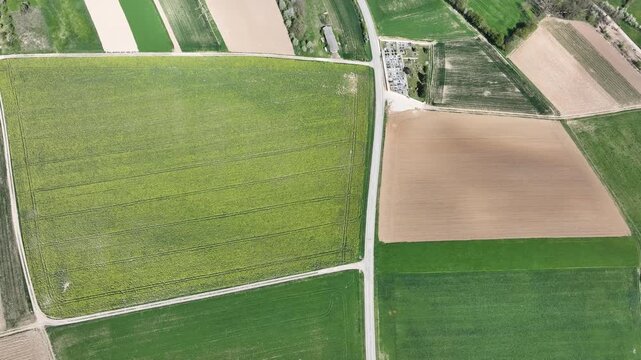 Aerial view of agricultural fields creating a patchwork of greens, yellows, and browns, divided by roads, Wintzenheim-Kochersberg, Grand Est, France.