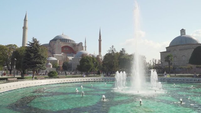 Scenic fountain at the Sultanahmet Square and the Hagia Sophia