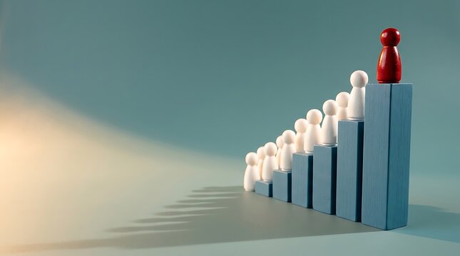 Business growth concept with white and red game pieces on ascending blue bars representing progress and leadership