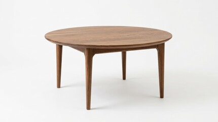 Fototapeta premium A round wooden coffee table with four tapered legs against a plain white background, elegant proportions, visible wood grain, clean product lighting, ultra-realistic, no logos.
