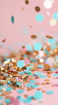 Colorful confetti sparkles float and scatter on a pink surface. The setting captures a joyful moment during a celebration, with bright colors enhancing the festive spirit