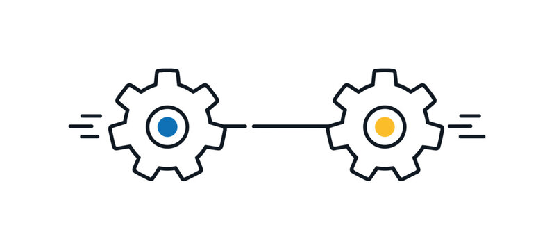 Parallel processing and simultaneous task execution in modern computing systems for improved efficiency, two simple gear icons connected by a horizontal line with small