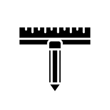 Black t square ruler with pencil icon for drafting and design on white background for architecture and engineering