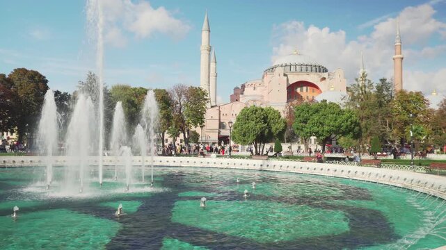 Scenic fountain at the Sultanahmet Square and the Hagia Sophia