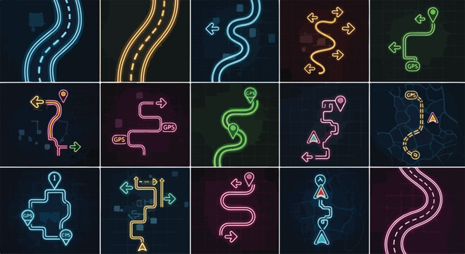 Bundle 9 neon cycling routes and maps, curved roads, bike lanes, navigation paths, GPS markers, direction arrows, glowing lines, futuristic UI style, grid layout