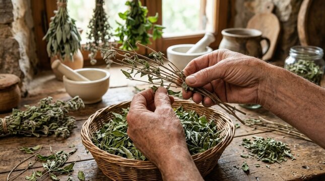 Hands carefully removing dried leaves from aromatic cedron herb stems, natural textures and earthy green tones visible in detail, traditional herbal tea preparation and medicinal remedy process in