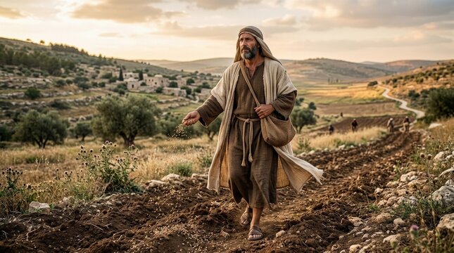 A man sowing seeds in a field in Bible times, open landscape, flowing robe, earthy tones, parable of the sower with a spiritual reflection mood, ultra-realistic, no logos.