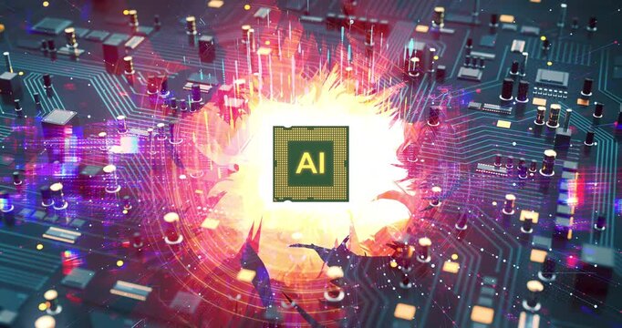 3D computer motherboard with central AI chip and energy flow. AI Technology Related 3D Computer Animation.