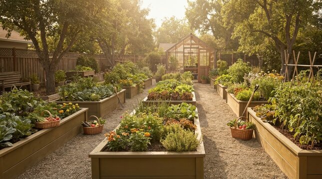 Beautiful garden with raised beds and greenhouse in the golden hour light