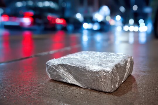 A mysterious package wrapped in plastic film sits on a wet street at night with blurred car lights in the background.