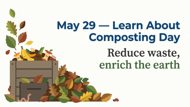 An illustration for 'Learn About Composting Day' on May 29, showing a compost bin filled with organic waste and autumn leaves, promoting waste reduction and soil enrichment.