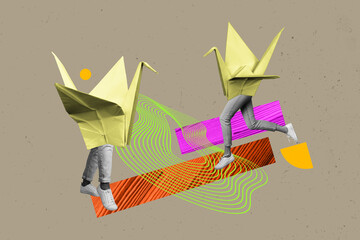 Fototapeta premium Creative drawing full image collage picture of origami bird crane friends couple walk meeting asian traditional folded paper