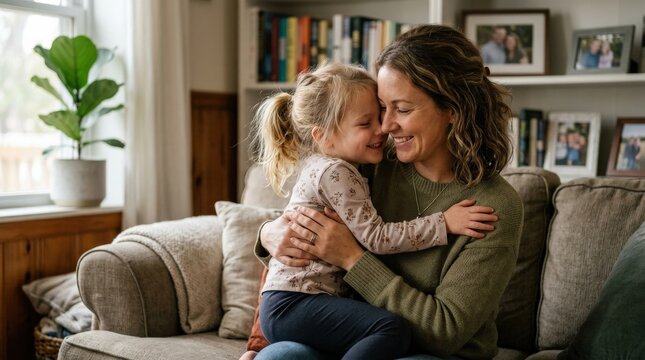 Little girl hugging her mother at home, tender family affection, soft indoor light, heartfelt domestic warmth, ultra-realistic, no logos.