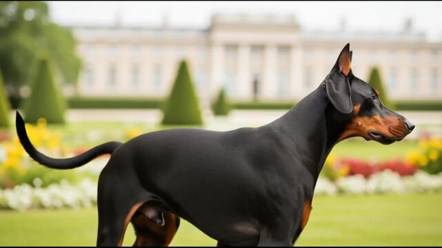 Majestic Doberman Pinscher Standing Proudly in a Formal Garden