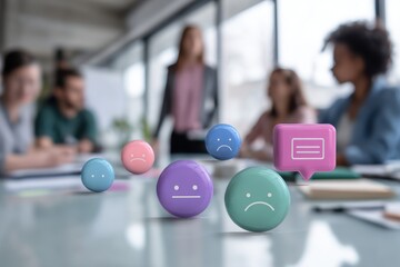 Fototapeta premium Business team evaluating customer feedback and emotional sentiment during a meeting with colorful emoji icons