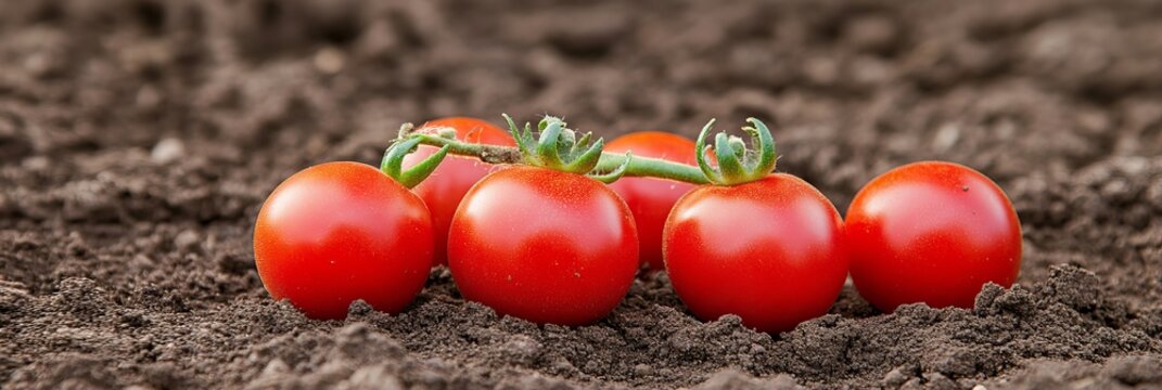 Freshly Harvested Ripe Organic Petite Heirloom Vine Tomatoes on Dark Tilth Field in Kitchen Garden