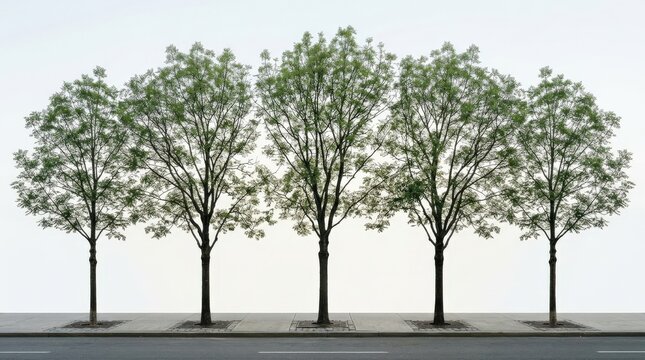 Ash street trees with balanced branching and airy foliage, frontal urban planting silhouettes isolated on a clean background, structured greenery in natural daylight, ultra-realistic, no logos.