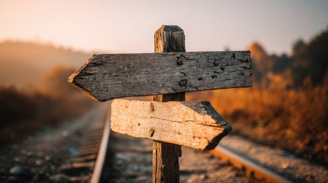 Weathered Wooden Directional Signpost with Two Arrows at a Crossroads Overlooking a Railway Track at Sunrise