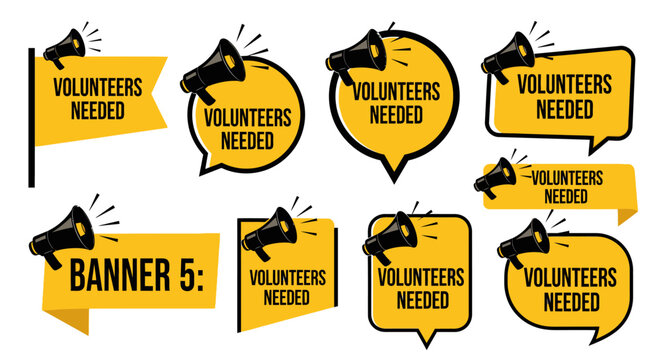 Collection of yellow banners and speech bubbles with a megaphone icon and the text 'Volunteers Needed' displayed prominently, suitable for recruitment or event announcements