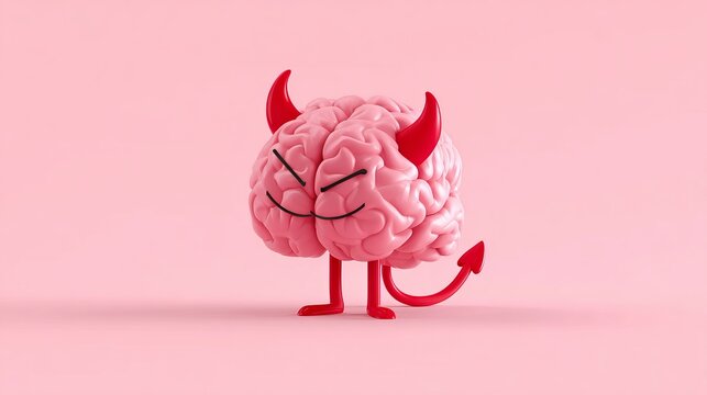 A cartoon brain with devil horns and a tail stands on a pink background with a sly expression