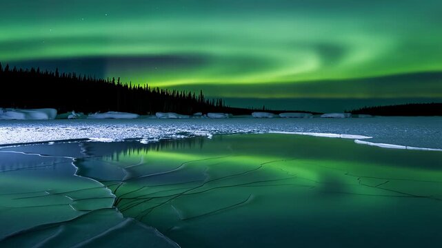 Emerald aurora borealis dancing across starry night sky above frozen lake with cracked ice and dark forest.